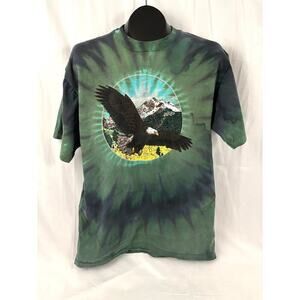 VTG 90s Green Tie-dyed Bald Eagle Flying Over Mountains T-Shirt X-LARGE
